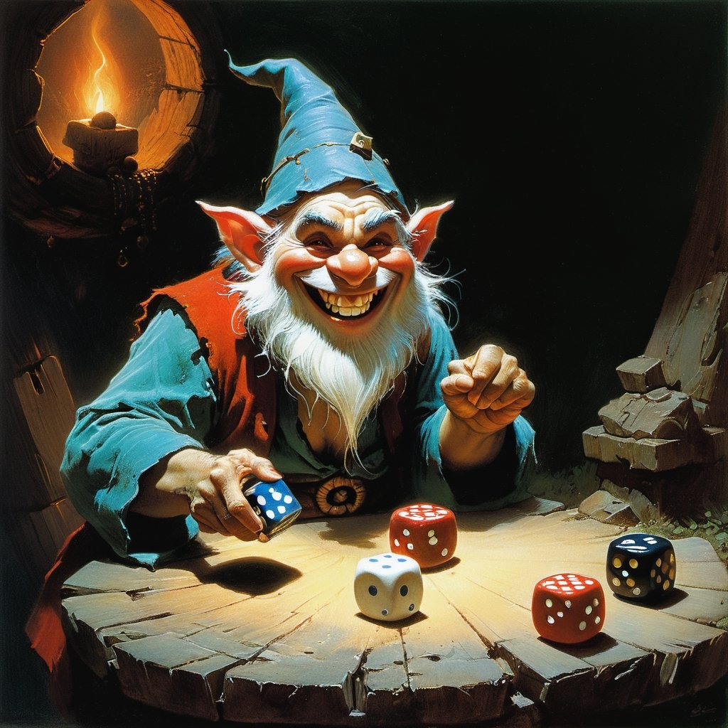 Raw digital photo, behance HD, Troll gnome gambler tossing enchanted dice, gambling den, smile, masterpiece by Frank Frazetta, F/1.8, (art by Beeple:0.8) (Realistic:1.4),(Grim:1.4)  (by Artist Lee Bogle:1.4),(by Artist Thomas Blackshear:1.15),(Zdzisław Beksiński:1.4),(Kodak Ektar:1.4)