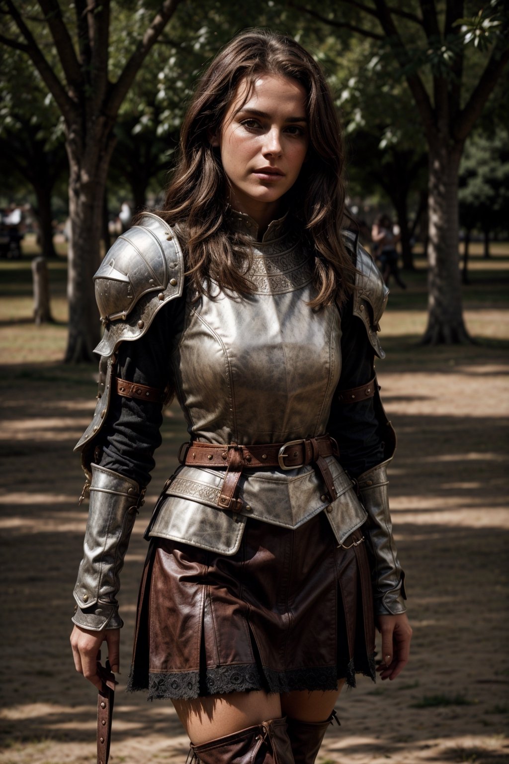 beautiful woman, good posture, solo, toned
dark brown shoulder length wavy messy hair, thicc, fit


sexy
adventurous, 
 fierce, motivated 
feminine

standing in a field in the 1500s
portait

looking at camera
cuban italian

serious, confident
portrait, 50mm, film grain, bokeh, closeup

wearing medival armor,medieval armor 

plate armor, leather skirt under 