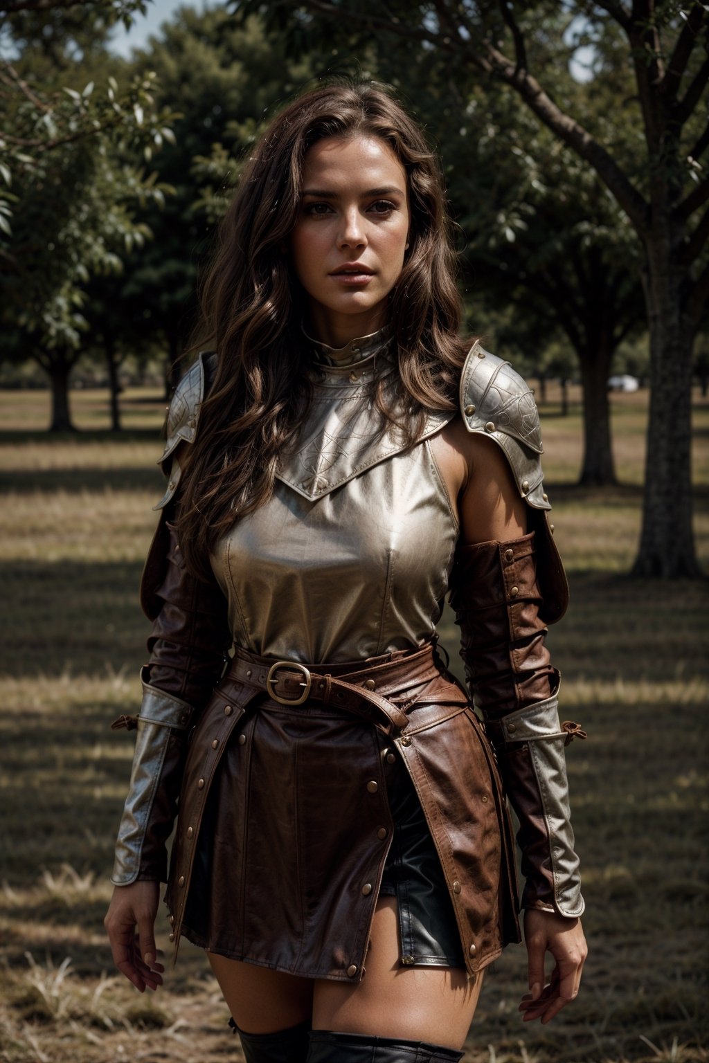 beautiful woman, good posture, solo, toned
dark brown shoulder length wavy messy hair, thicc, fit


sexy
adventurous, 
 fierce, motivated 
feminine

standing in a field in the 1500s
portait

looking at camera
cuban italian

serious, confident
portrait, 50mm, film grain, bokeh, closeup

wearing medival armor,medieval armor 

plate armor, leather skirt under 