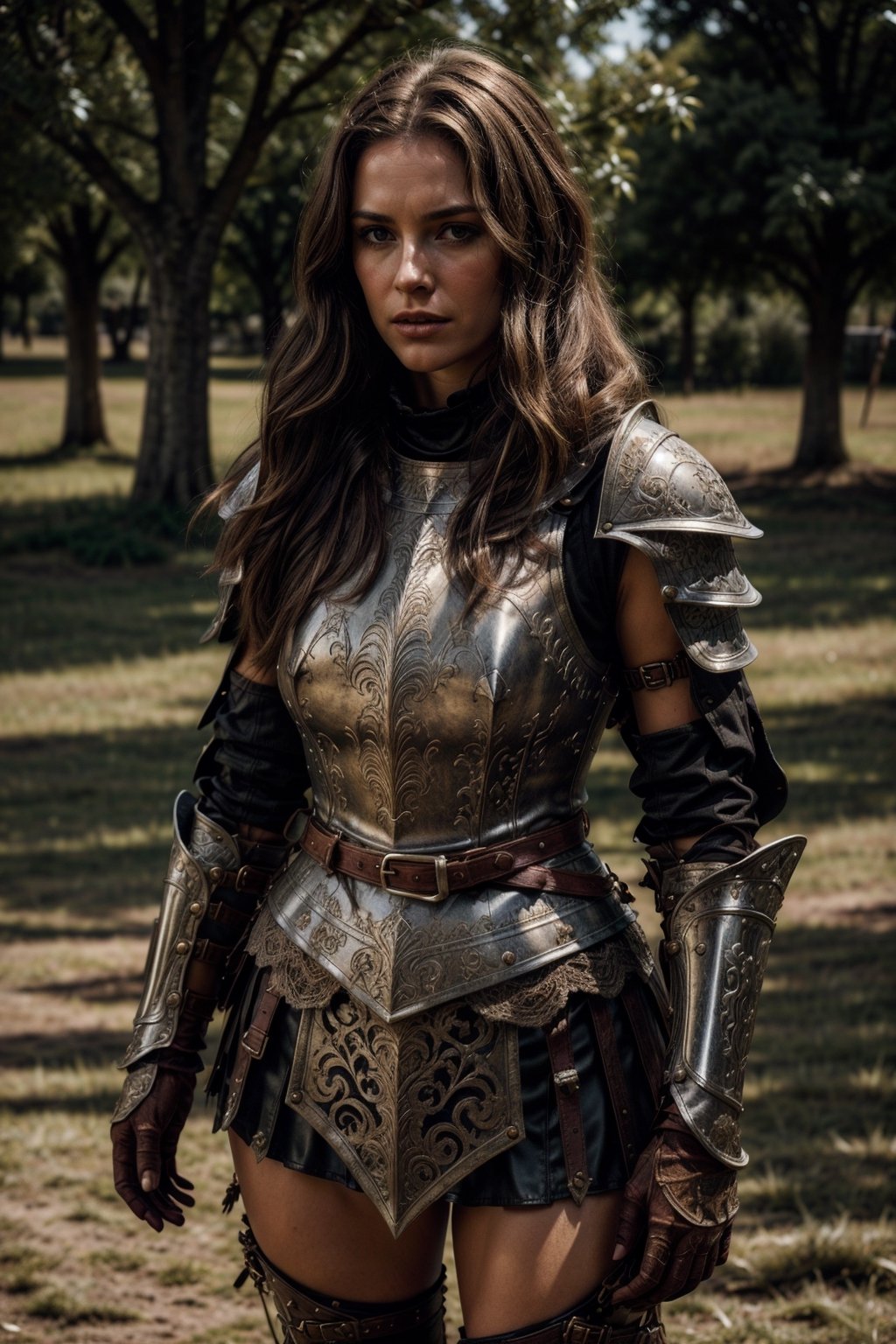 beautiful woman, good posture, solo, toned
dark brown shoulder length wavy messy hair, thicc, fit
action pose
strong stance
thighs exposed, 

light armor
war
warrior
sexy
adventurous, 
 fierce, motivated 
feminine

standing in a field in the 1500s
portait

looking at camera
cuban italian

serious, confident
portrait, 50mm, film grain, bokeh, closeup

wearing medival armor,medieval armor 

plate armor, leather skirt under ,medieval armor