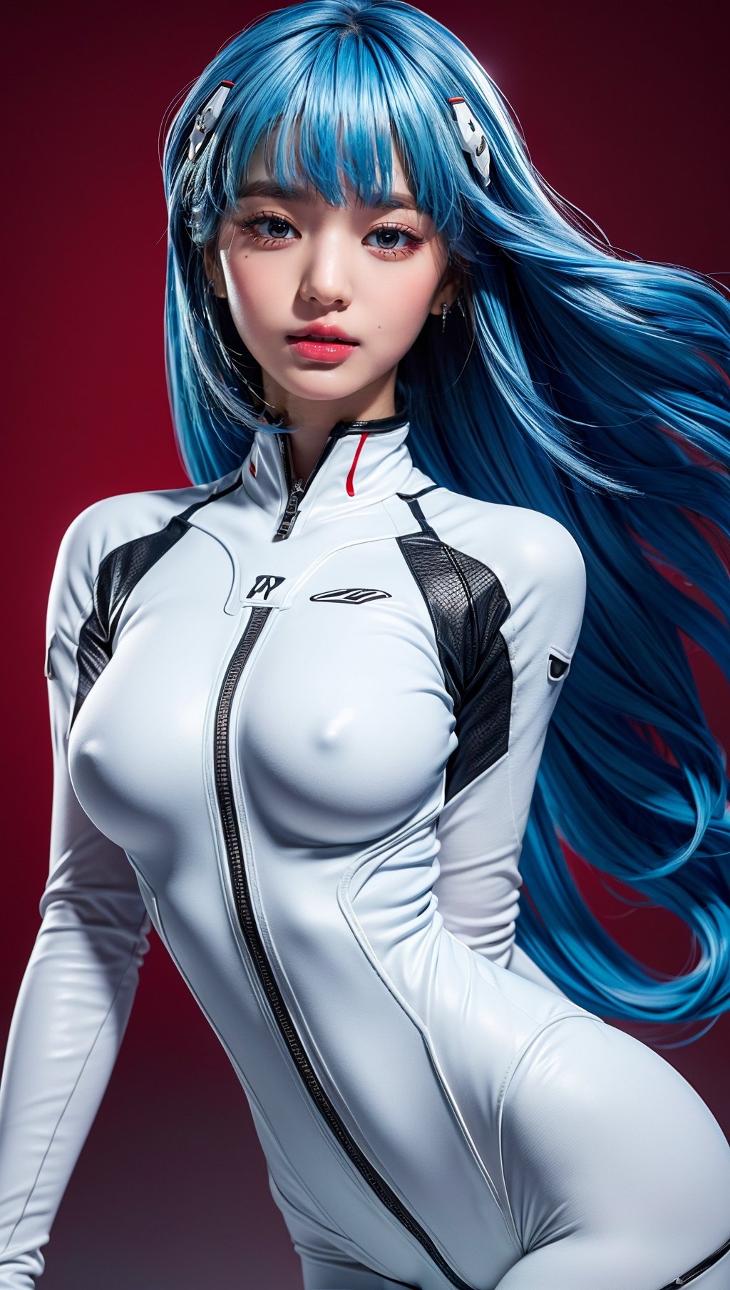 (masterpiece, best quality), rei ayanami, blue hair, long hair, (red eyes:1.5),Pilot: bodysuit, headgear, plugsuit, (white bodysuit), best quality, masterpiece, colorful, dynamic angle, highest detailed), waist_shot,17 yo, large_breast,expressionless