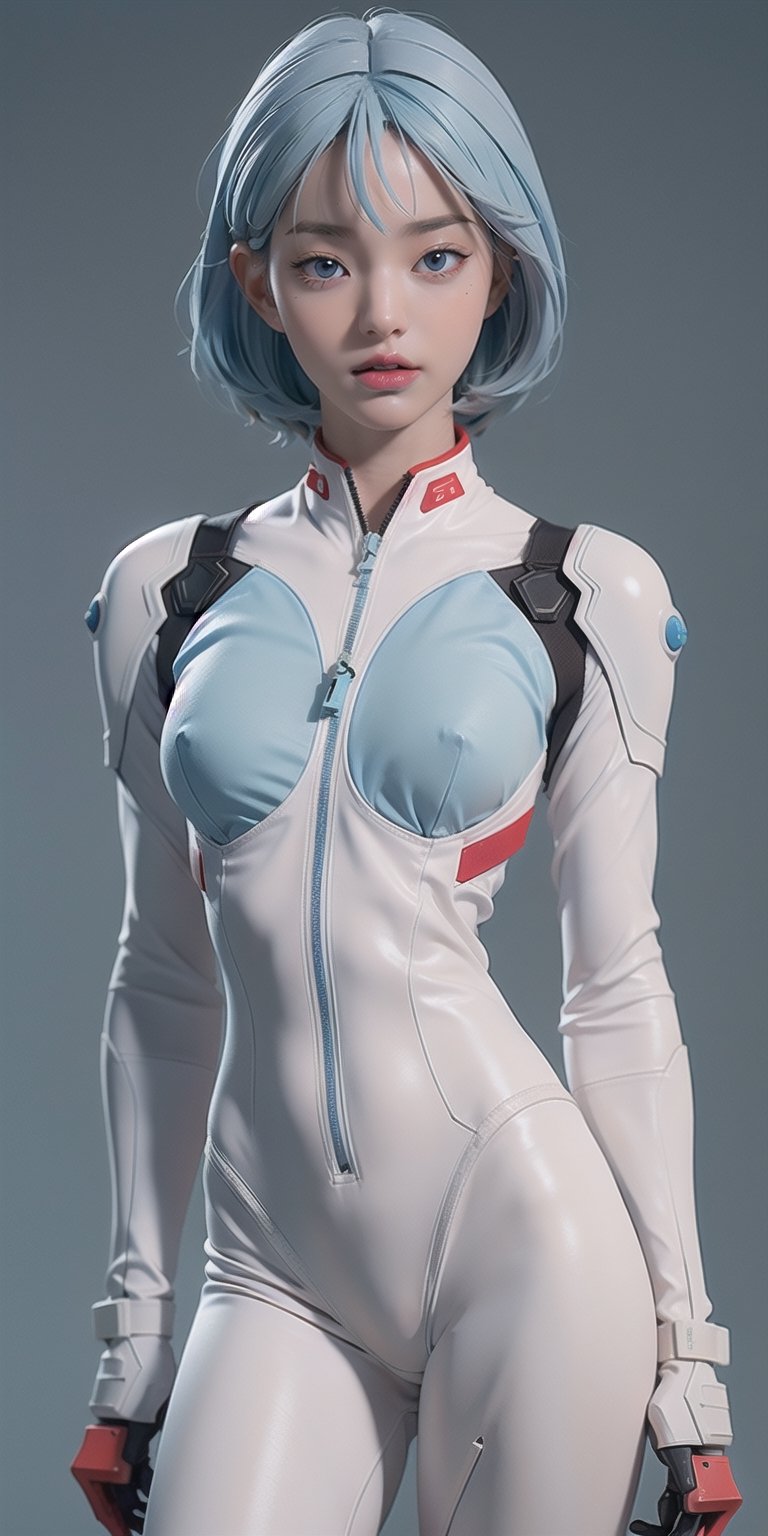 8k, masterpiece, best quality, realistic, sharp focus, cinematic lighting, extremely detailed, epic, dawn, girl, rei ayanami, light blue bob hair, white, tight suit, edgy, sexy,urban , (red leon lighting background), chest open, deep-V chest, techwear,outfit,3DMM,jwy1