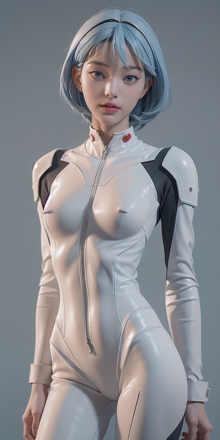8k, masterpiece, best quality, realistic, sharp focus, cinematic lighting, extremely detailed, epic, dawn, girl, rei ayanami, light blue bob hair, white, tight suit, edgy, sexy,urban , (red leon lighting background), chest open, deep-V chest, techwear,outfit,3DMM,jwy1