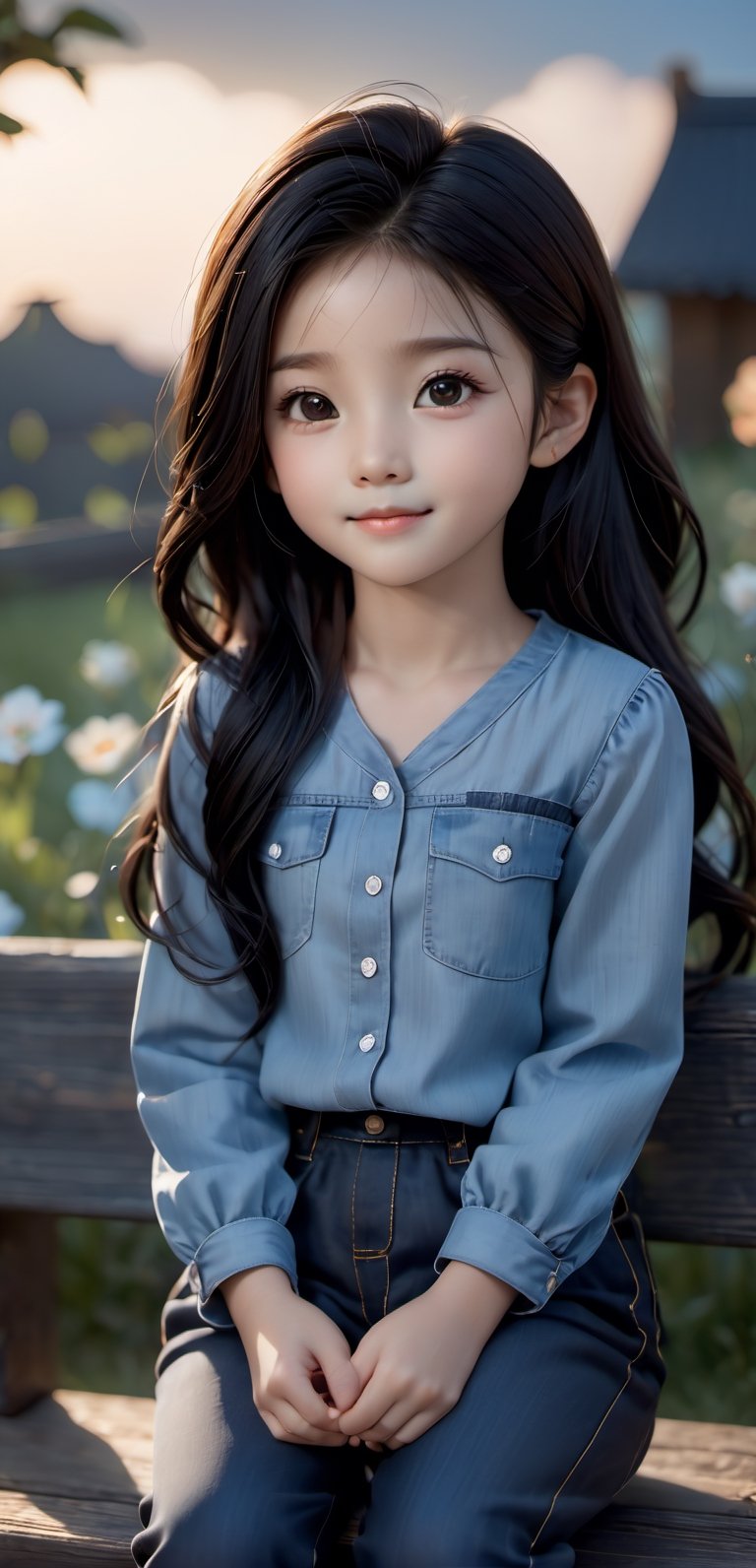 16k, photo close-up, realistic, perfect, soft light and shadow, evening garden, 1 little girl, fair skin, moonlight, clouds, black hair, ball head, flower hair accessories, light strip, smile, denim shirt, black loose Long pants, sitting on an old wooden bench and looking into the distance,korean girl