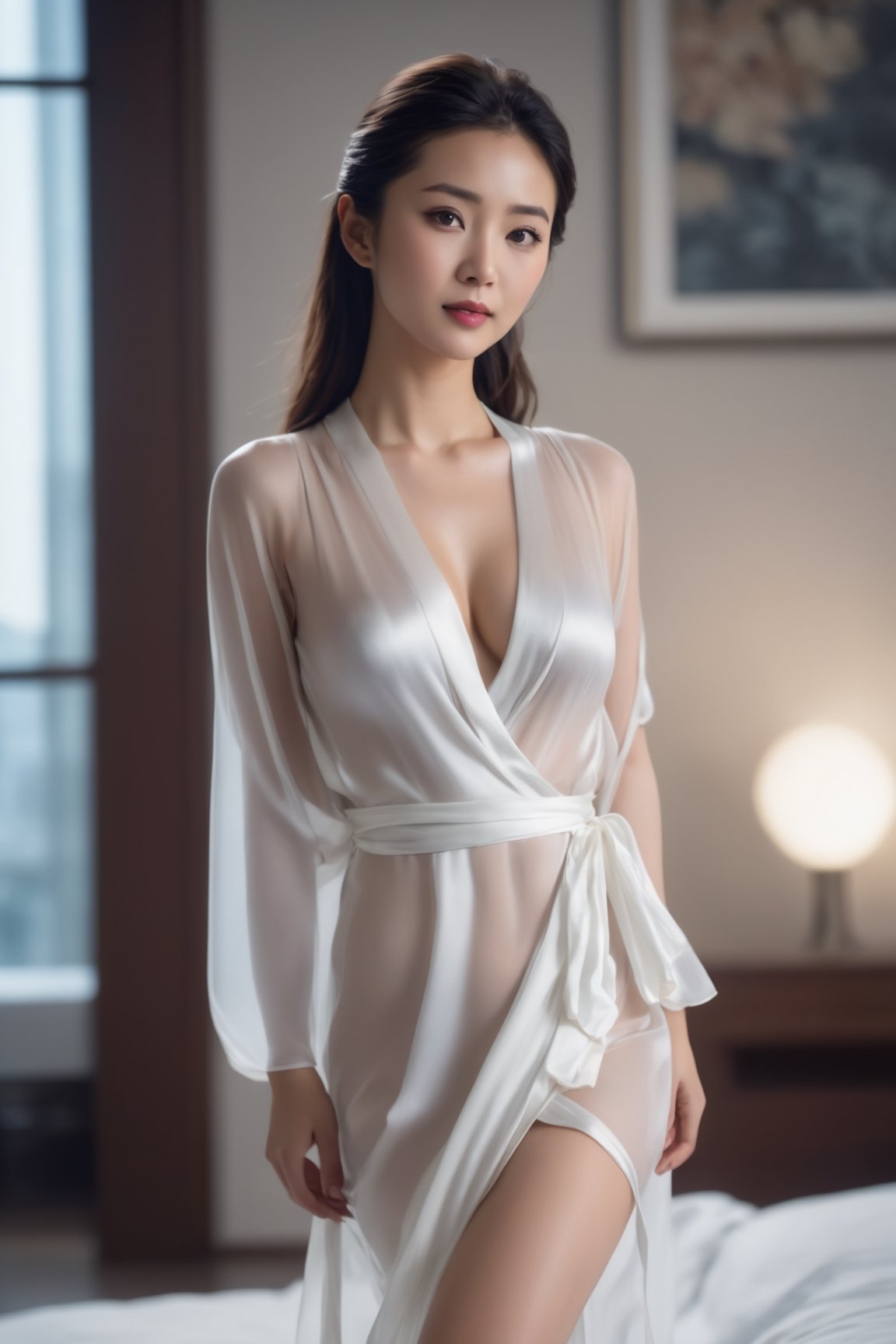 Closeup portrait, full-body shot,4k,28 years old Chinese lady wearing wrap dress in bedroom, 30 Pinterest translucent dress styles, white silk sheer, art, cinematic atmosphere, panoramic, feminine, cleavage, perfect breasts, no panties