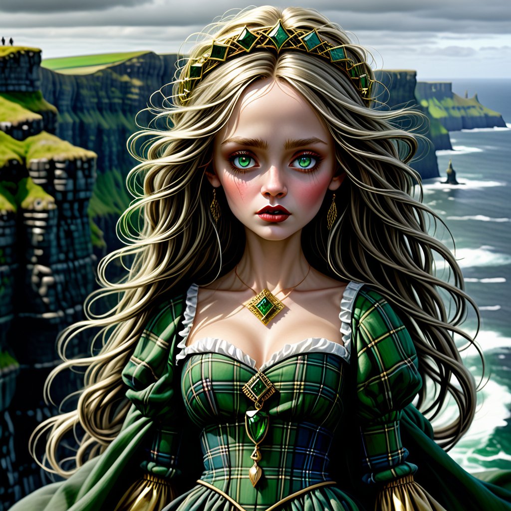 A sultry druidess clad in flowing, emerald-green tartan and golden brooches poses confidently at the precipice of the Cliffs of Moher, wind-whipped hair tousled by the Atlantic breeze. Her eyes gleam like polished obsidian as she gazes out upon the rugged coastline, her skin aglow with a subtle, mystical luminescence.