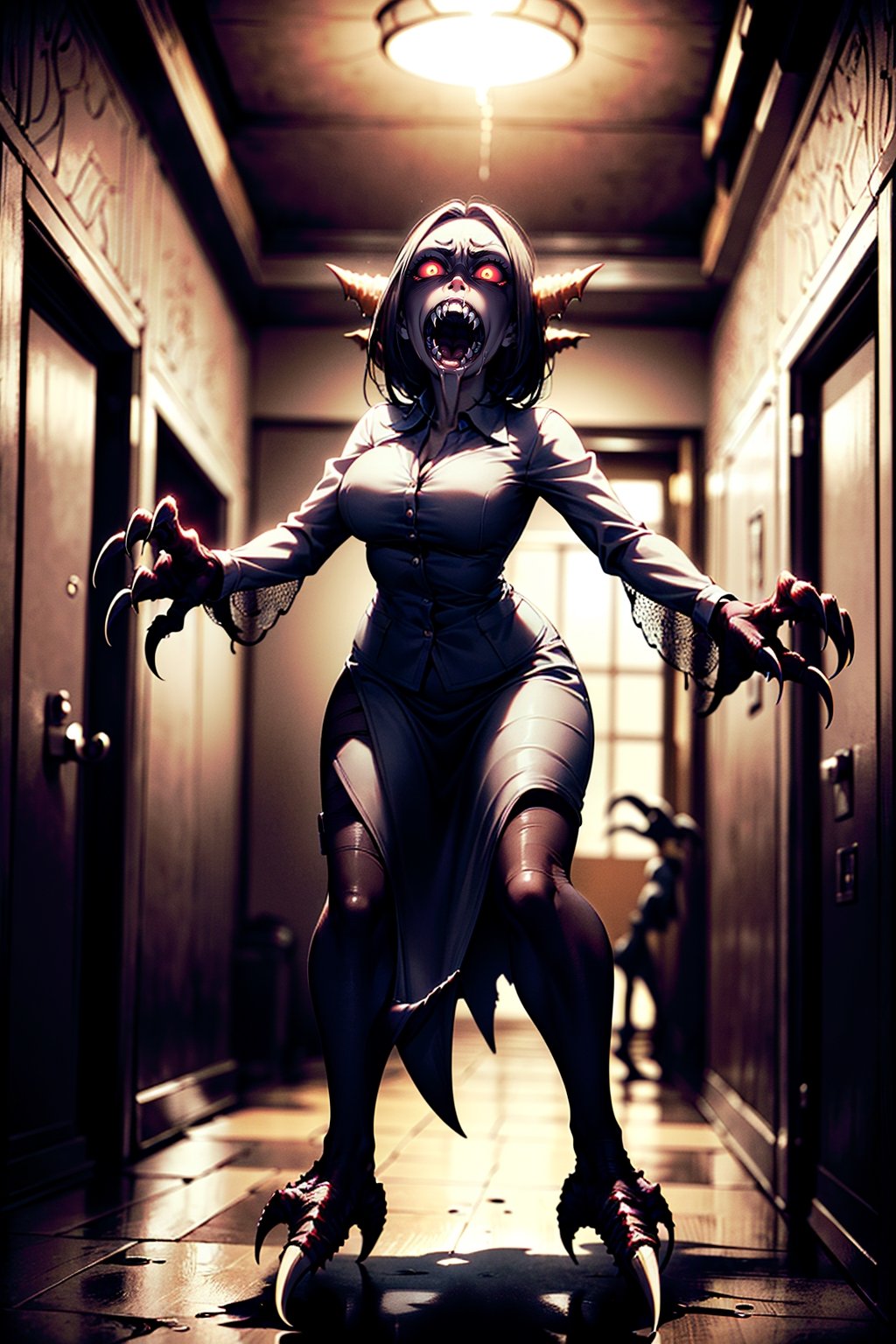Sexy, curvy, (((A possessed woman screaming with monster teeth, stand in the corridor of a haunted hospital. ))), pointed teeth. claws, (((full body))).