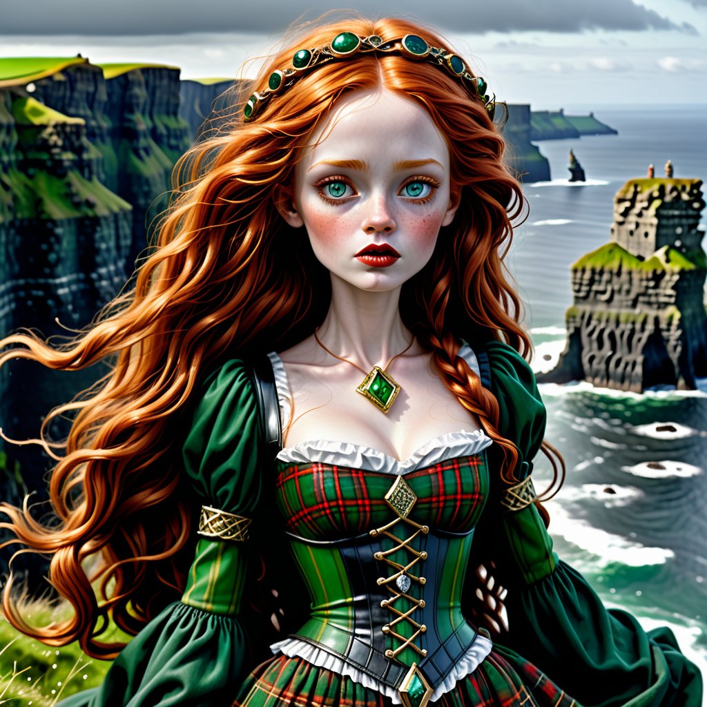 A sultry druidess clad in flowing, emerald-green tartan and golden brooches poses confidently at the precipice of the Cliffs of Moher, wind-whipped red hair tousled by the Atlantic breeze. Freckles. Her eyes gleam like polished obsidian as she gazes out upon the rugged coastline, her extrem pale skin aglow with a subtle, mystical luminescence. 