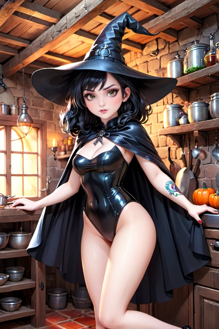 ((((very sexy witch))). curved. shiny black leather outfit. black hair. (((extremely emo-white skin))). (((black witch hat))). gothic. tattoos. making a potion in a wooden house., (((black cape))). Macro photography, close-up, hyper detailed, trending on artstation, sharp focus, studio photo, intricate details, highly detailed, RTX, 4k, Gabriele Dell'otto, AI Midjourney, bright saturated colors, watercolor, oil paints, tattoos, HDR, 500px, 4k, (((full body))). the scene takes place in an old kitchen dungeon.