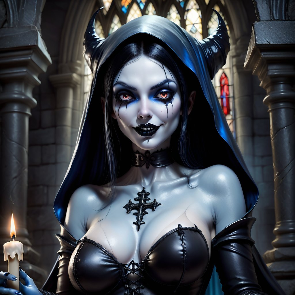 A sultry succubus clad in a provocative leather nun habit, posing seductively amidst a dimly lit, gothic church setting. ((Blue skin)) glistens with an otherworldly glow as she strikes a pose, her black lips curled into a sly smile. Black hair cascades down her back like a waterfall of night, framing her striking features. A single candle flickers, casting eerie shadows on the stone walls as she succumbs to temptation, her very presence exuding an air of unhealthy allure.
