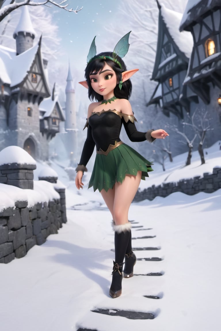 Winter and cold. Snow on the ground. An elf woman is walking through an enchanted forest. dressed in a sexy black outfit. very short skirt. tattoo on arm. goblin ear. black hair. fairies flying in background. path leading to castle in background. scene takes place in winter. snow. cold. very low temperature. cold fog.