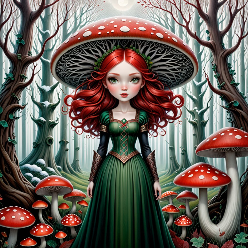 "Masterpiece of a fantastical scene set in a mysterious forest with whimsical trees and giant mushrooms. The sky is white and cloudy, indicating an autumn day. In the center stands a female figure with red hair, dressed in furs reminiscent of 9th-century Viking clothing. Her face is visible.  (((Freckles. Red hairs.  Her emo  skin is white like snow.))) She is adorned with tattoos reminiscent of Celtic patterns. The scene is dominated by shades of red, green, and white, subtly suggesting certain characteristics of the central figure without going into precise details of her physical features."