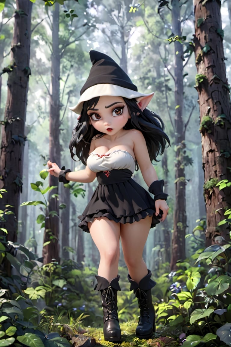 ((high quality)) ((4k)) (cinematic lighting) (3d realistic) ((low angle, low horizon)) ((full body)) ((giant forest background)) ((detailed face)) ((detailed body)) beautiful cute sexy ((female vampire)) with ((all white skin and all white body and and white feet))) with ((long black hair)), ((detailed shiny wide eyes)), (perfect black lips), (((big sized breast))), ((high quality)) ((4k)) (cinematic lighting) (3d realistic) ((low angle, low horizon)) ((full body)) ((giant forest background)) ((detailed face)) ((detailed body)) ((perfect hands and fingers)), (strong legs), wearing ((((floppy conic long black gnome cap)))) and ((tight black strapless mini dress)) and ((((heeled black Boots)))). (strong legs) and wearing ((((floppy conic long black gnome cap)))) and ((tight black strapless mini dress)) and ((((heeled lack Boots)))).,