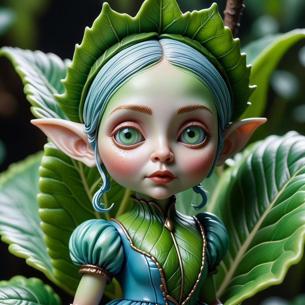  A close-up shot of a tiny, delicate-dressed dwarf woman with goblin ears, (((green body skin))), standing on a large, vibrant green leaf, her small hands grasping the edges to maintain balance. The leaf's veins resemble tiny roads as she surveys her surroundings, her bright blue eyes sparkling with curiosity. Soft, warm lighting illuminates her porcelain doll-like features and the lush foliage, creating a sense of serenity.
