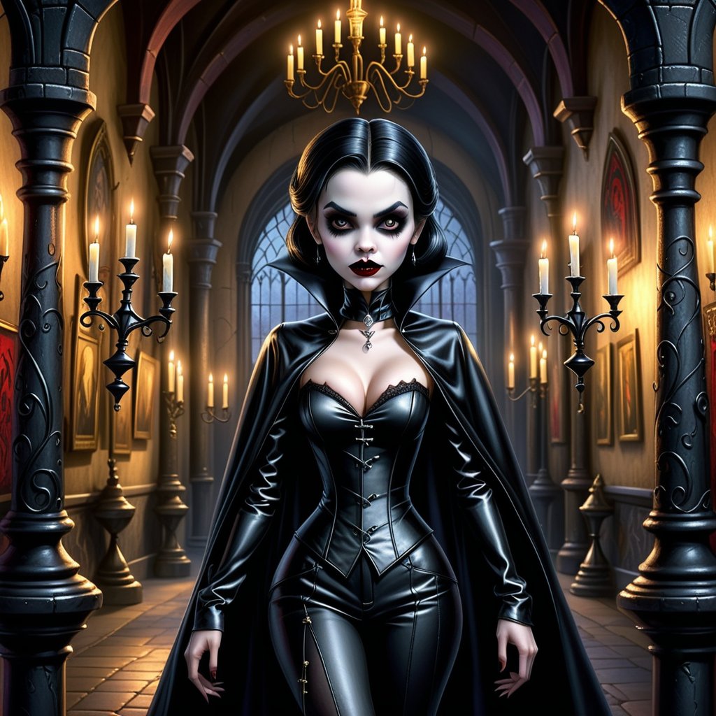  In a grand, dimly lit castle, a sensual, sexy female vampire dons a black leather tuxedo and matching cape, his piercing gaze captivating the audience. Amidst candelabras and ornate tapestries, she strikes a seductive pose, her fangs gleaming in the soft lighting. A golden '10,000' logo adorns the castle wall behind him, as if hinting at some ancient curse or mysterious treasure. The Disney-Pixar inspired animation brings a whimsical touch to this gothic scene.