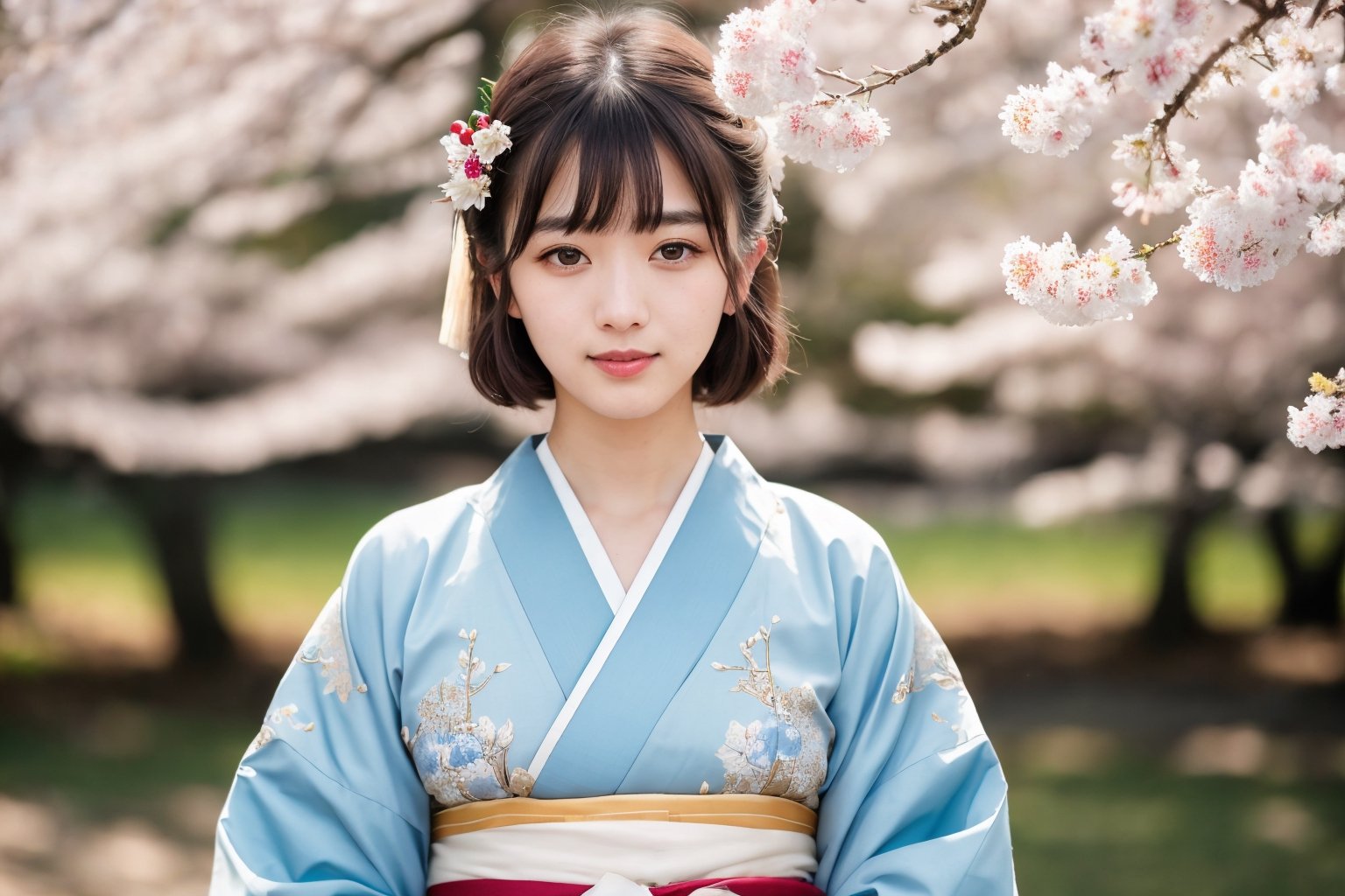 (top quality,  8k,  ultra detailed,  masterpiece, raw photo),  beautiful detailed,  ((jpanese beauty:1.3) in Japanese, traditional pale gold color-based furisode with blue-flower pattern),  (beautiful eyes),  (delicate face),  (perfect detail),  smile,  (lbrown hair blunt bangs), top quality,  ultra-detailed,  photorealistic,  8k,  wide Shots: 1.5,  full body, natural sunlight,  depth of fields,  close-up portrait,  sharp-focus,full_body,background is a cherry tree
