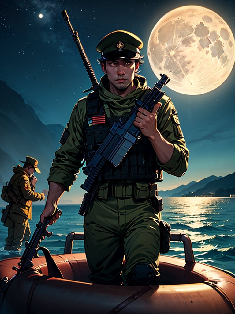  2 men, in tactical military uniforms, on a cold night, getting off a rubber boat on the beach, carrying assault rifles, a full moon barely illuminates the scene, ,gun,war