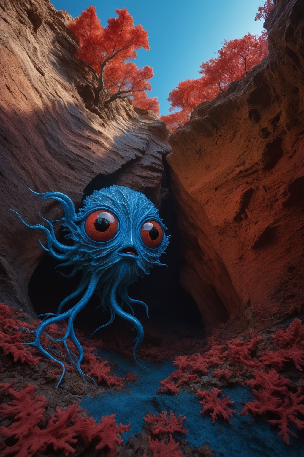 a land from another world, blue streams run through the sky, trees with red bark and blue leaves grow from the walls of a cliff, a creature looking at the camera, body of an amoeba, big eyes coming out of its long antennae, skin with an intricate iridescent texture and transparent, earthy coral-colored ground, 8k UHD, extreme realism, maximum quality, extreme surrealism,Movie Still