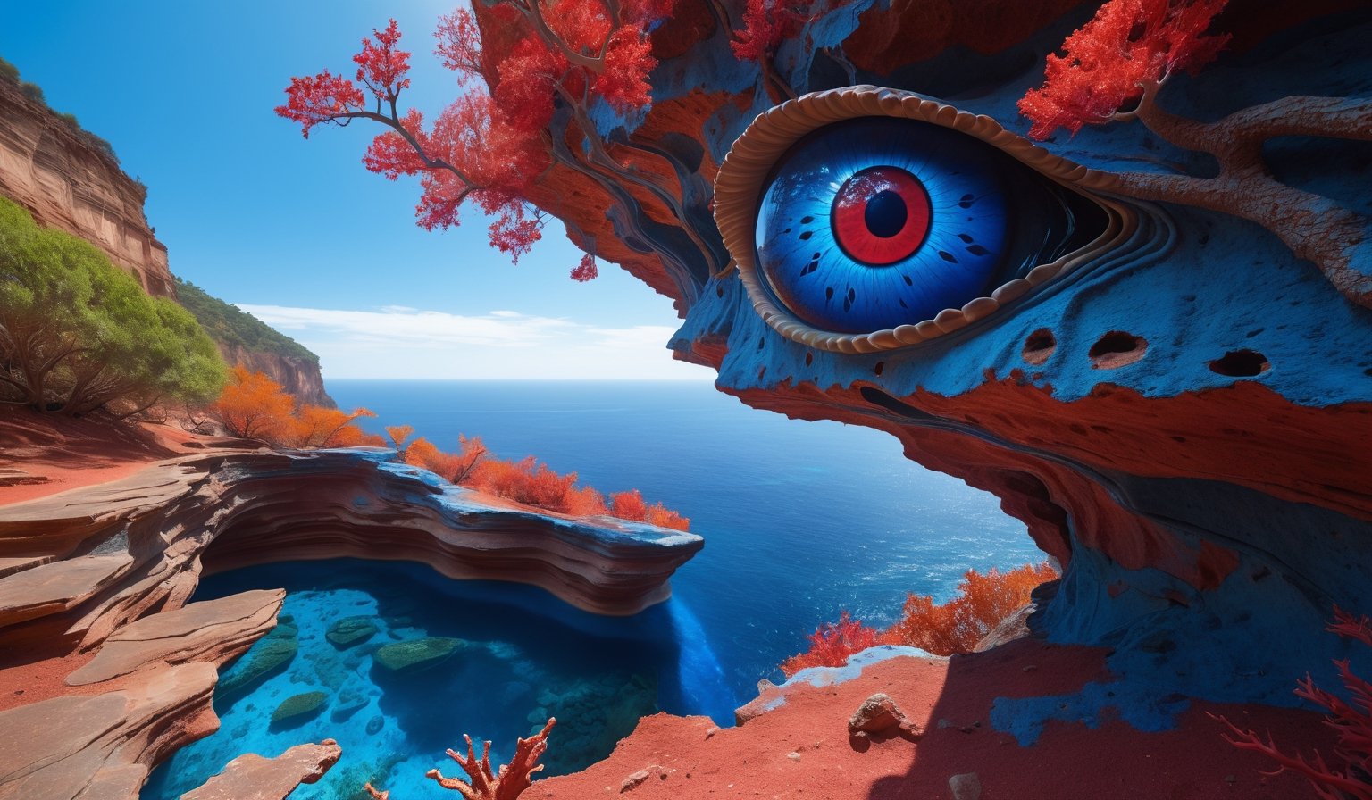 a land from another world, blue streams run through the sky, trees with red bark and blue leaves grow from the walls of a cliff, a creature looking at the camera, body of an amoeba, big eyes coming out of its long antennae, skin with an intricate iridescent texture and transparent, earthy coral-colored ground, 8k UHD, extreme realism, maximum quality, extreme surrealism