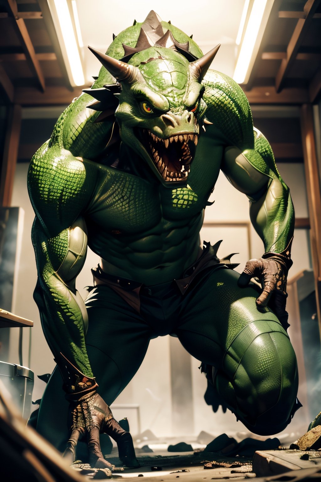 Generates a high quality image, masterpiece, extreme details, ultra definition, extreme realism, high quality lighting, 16k UHD, a mutant, scaly green skin, sharp teeth, torn and dirty clothes, bulging eyes