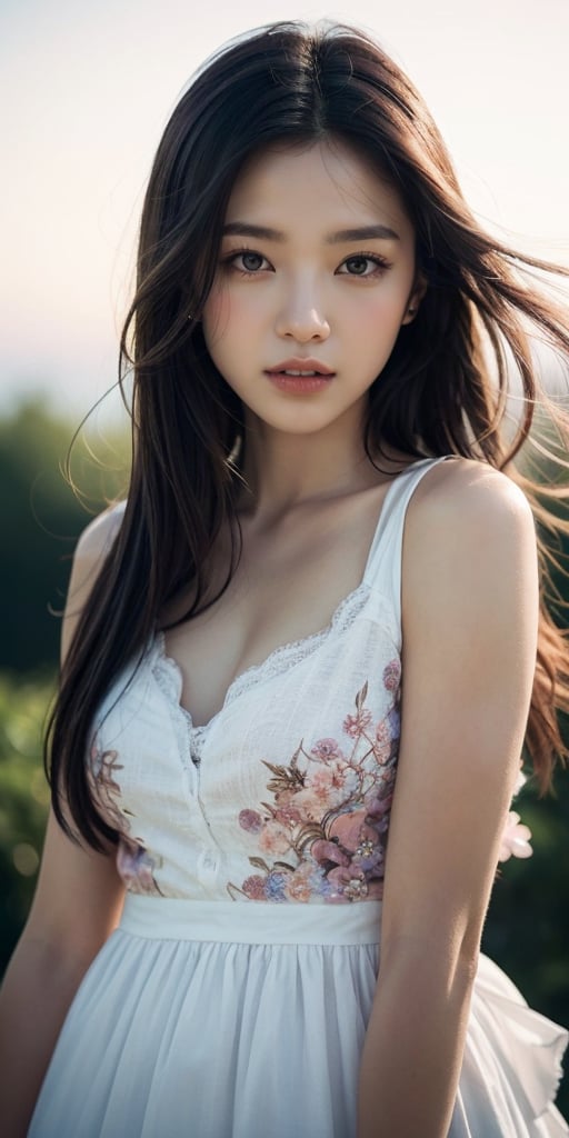 The camera's gaze lingers on the soft, feathery texture of her hair, the delicate petals of the flowers, and the subtle sheen on her skin, all captured in breathtaking 16K UHD detail. The lighting is warm and inviting, with a gentle gradient of blues and pinks in the sky, subtly suggesting the beauty's emotions