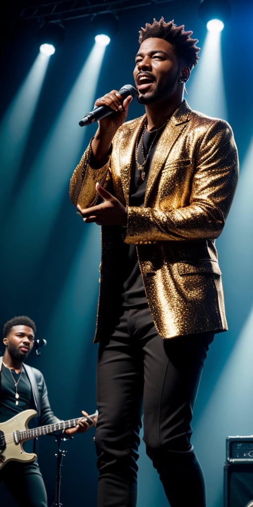 Create a high quality image, extreme details, ultra definition, extreme realism, high quality lighting, 16k UHD, a funk/soul singer man  on a stage singing, clothes according to the style of music