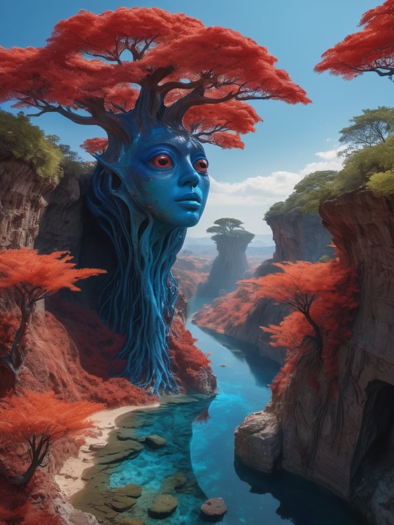 a land from another world, blue streams run through the sky, trees with red bark and blue leaves grow from the walls of a cliff, a creature looking at the camera, body of an amoeba, big eyes coming out of its long antennae, skin with an intricate iridescent texture and transparent, earthy coral-colored ground, 8k UHD, extreme realism, maximum quality, extreme surrealism