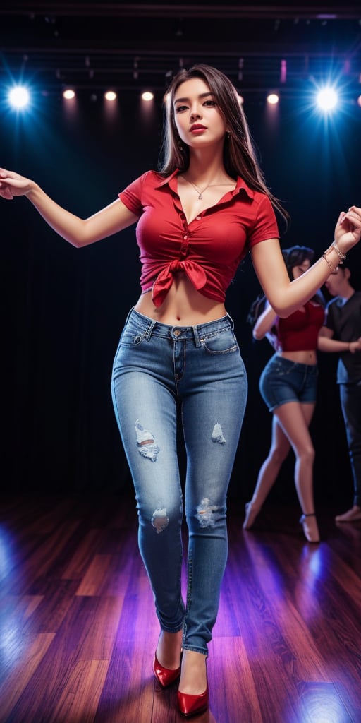 Create a high quality image, extreme detail, ultra definition, extreme realism, high quality lighting, 16k UHD, a beautiful girl, slim, unbuttoned red shirt, tight jeans, on the dance floor, dancing