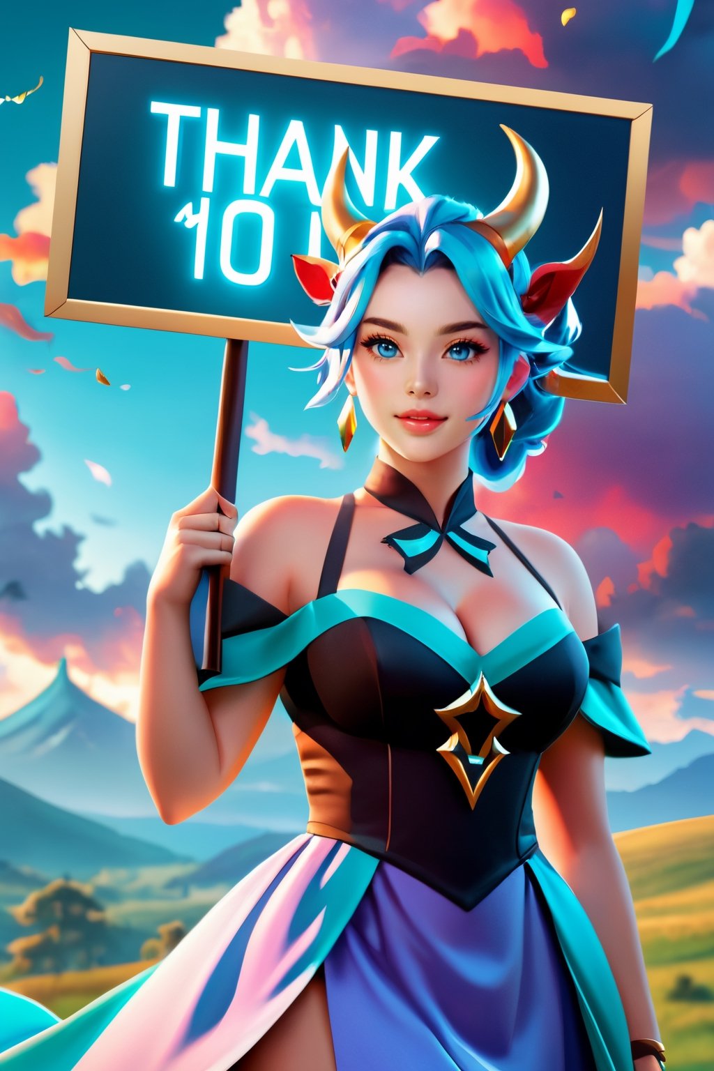 creates a high quality image, extreme details, ultra definition, extreme realism, 16k UHD,
Holding a sign text "Thank you 10K", a girl, big breasts, horns, teal hair, light blue eyes, genshin impact style dress, reddish sky, black clouds, diffuse light, mythological atmosphere,Text,text as "", 3D SINGLE TEXT,masterpiece
