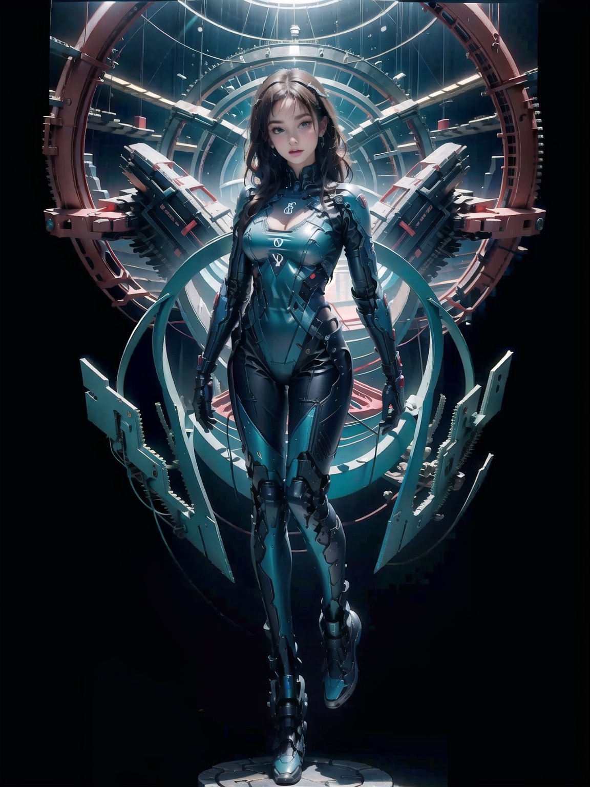 masterpiece, high details, optimal quality, 8k, extreme resolution, 1 girl, beautiful face, delicate and subtle makeup, with brown eyes, very well detailed and real, red curly hair, somewhat disheveled, perfect body, well defined, big chest , dressed in futuristic aqua green shiny vinyl suit, impeccable finger details, full body view, looking at the viewer, with a background of a futuristic city in space.