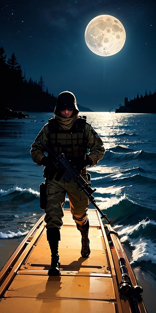  2 men, in tactical military uniforms, on a cold night, getting off a rubber boat on the beach, carrying assault rifles, a full moon barely illuminates the scene, ,gun,war