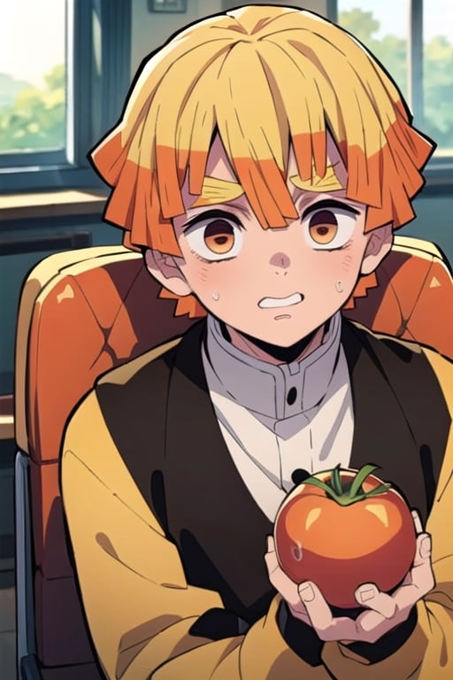 1 Boy, With a school uniform and a tomato in his hand