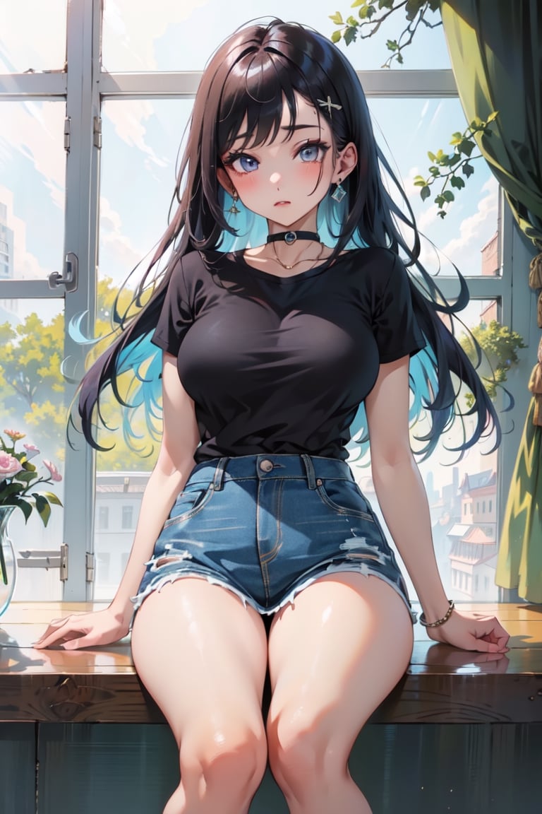 (masterpiece, best quality, highres:1.3), ultra resolution image, wearing white and light blue t-shirt and denim skirt and converse, pose,Kitagawa marin ,High detailed ,perfect