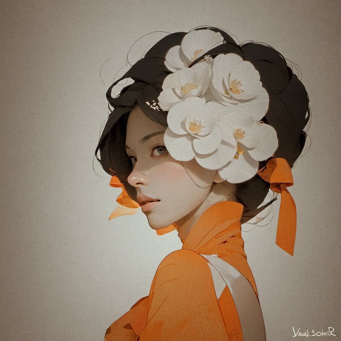 portrait of a women, orange theme, dfdd, black hair, white skin, close up, facing_viewer 