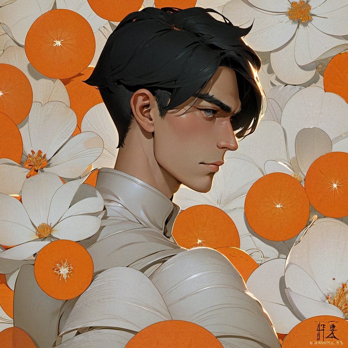 portrait of a men, orange theme, dfdd, black hair, white skin, close up, facing_viewer 