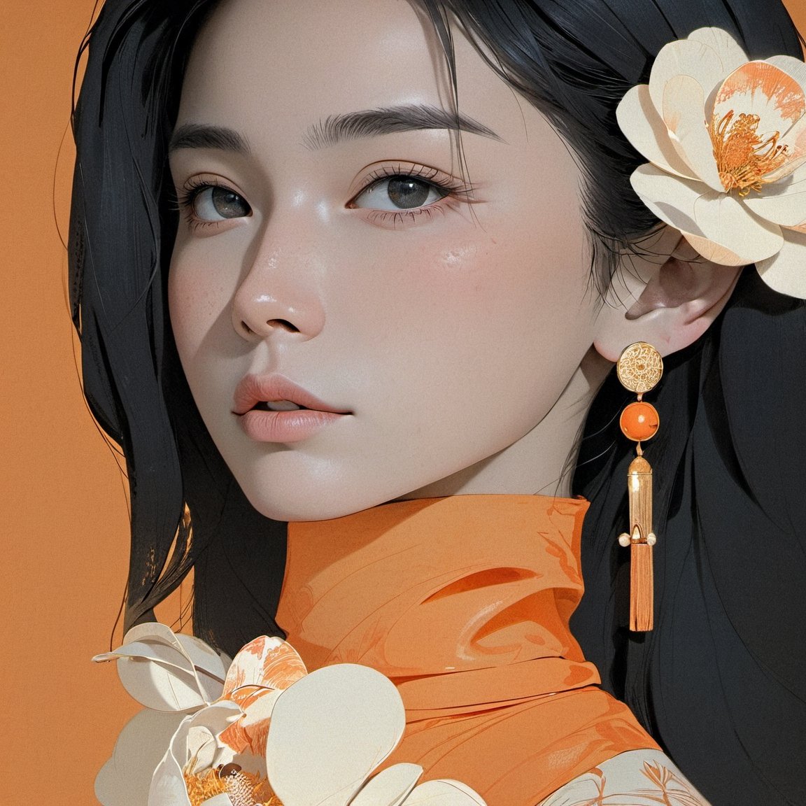 portrait of a women, orange theme, dfdd, black hair, asian, pale skin, close up