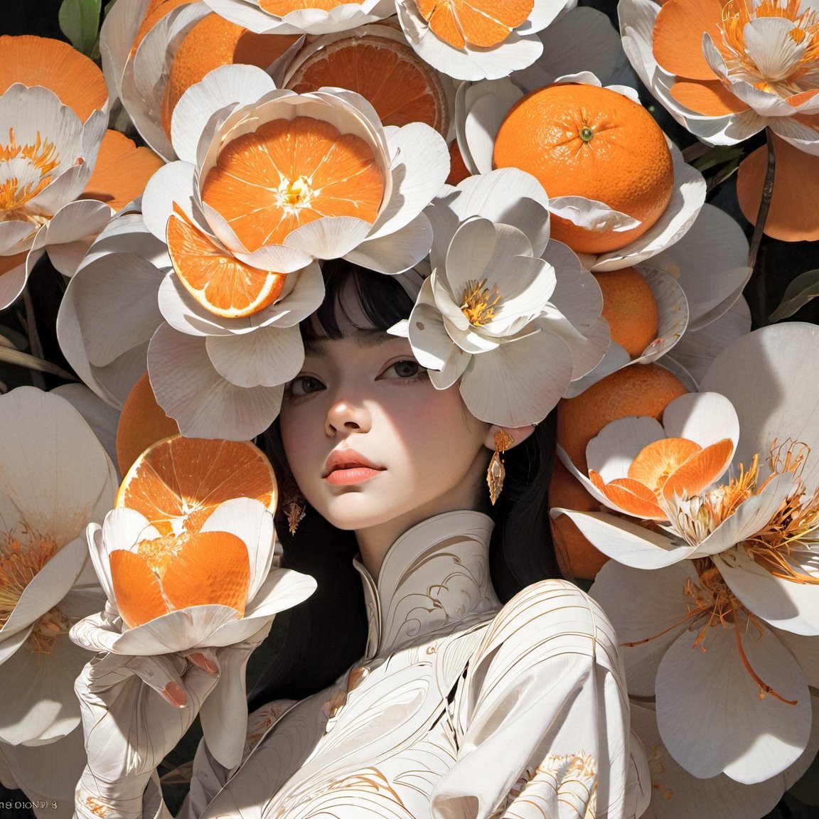 portrait of a women, orange theme, dfdd, black hair, asian, pale skin, close up