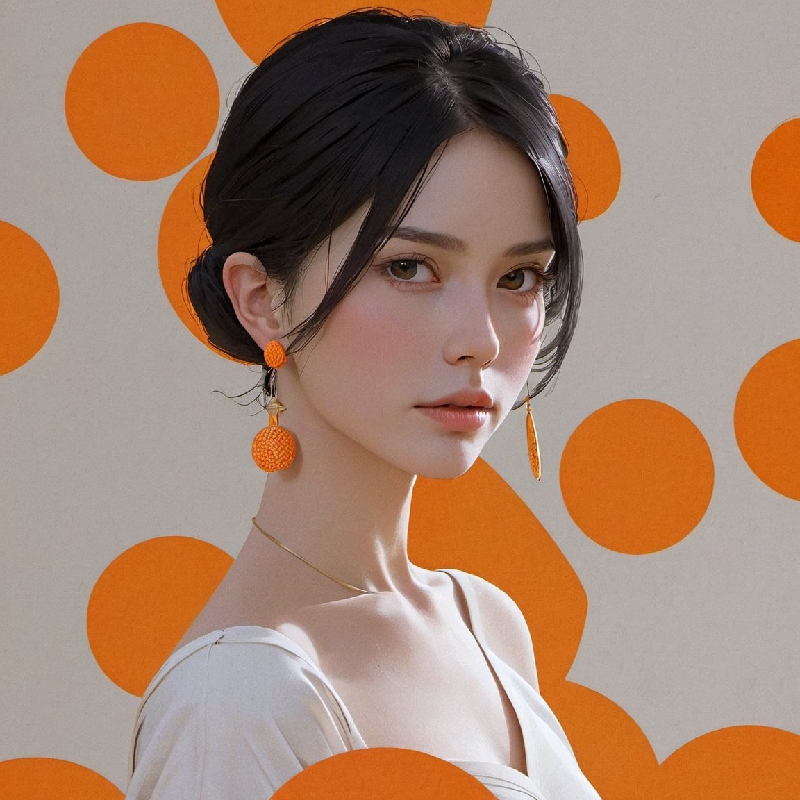 portrait of a women, orange theme, dfdd, black hair, white skin, close up, plain background, facing_viewer 