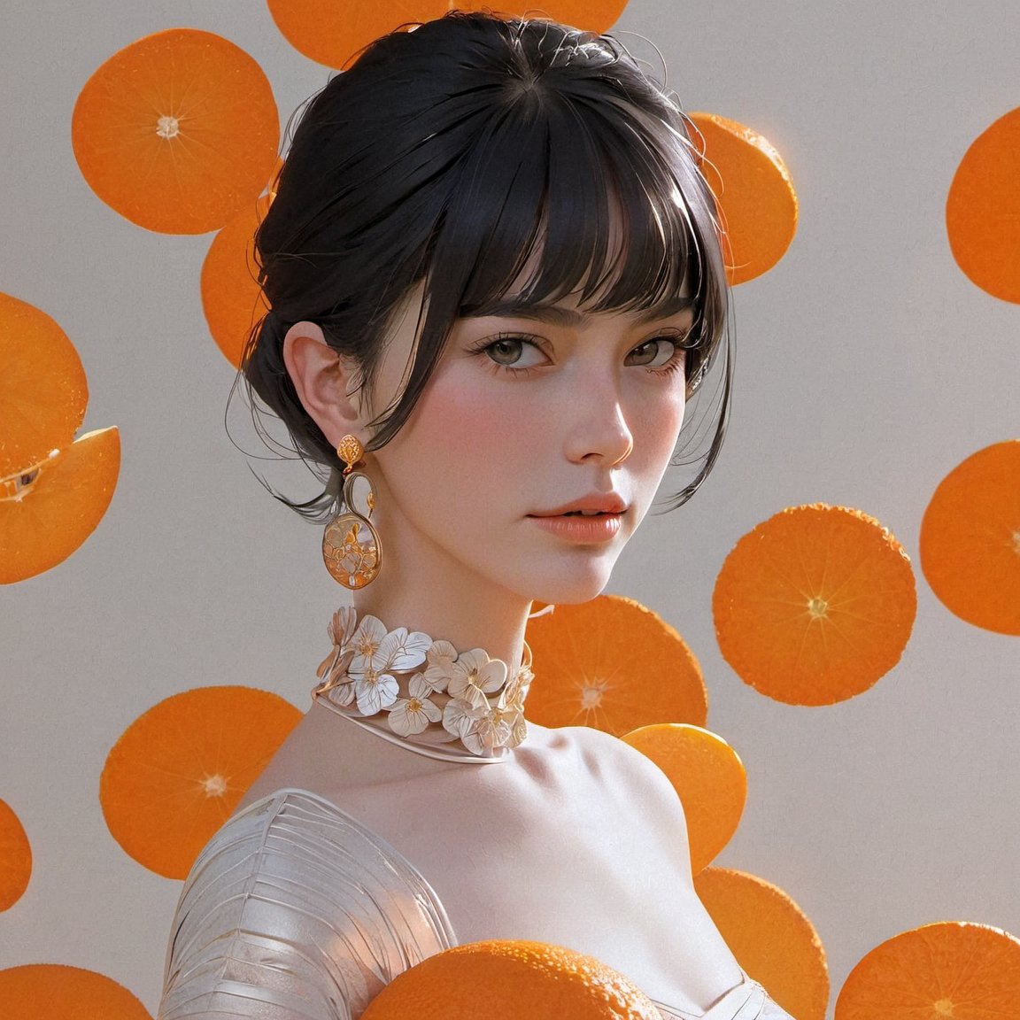 portrait of a women, orange theme, dfdd, black hair, white skin, close up, facing_viewer 