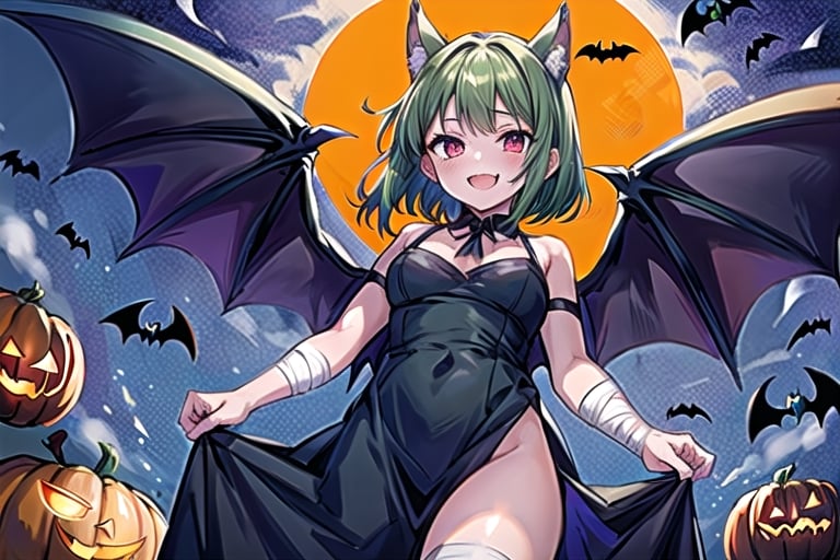 1girl,solo,green hair, short hair,red eyes, growing eyes,open mouth, animal ears, bandages arms, bandages,outstretched hand,Halloween,evil smile, crazy smile,halloween,vampire,bat wings,flying in sky,from below 