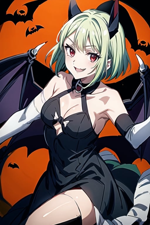 1girl,solo,green hair, short hair,red eyes,open mouth, animal ears, bandages arms, bandages hands,outstretched hand,Halloween,evil smile, crazy smile,halloween, vampire