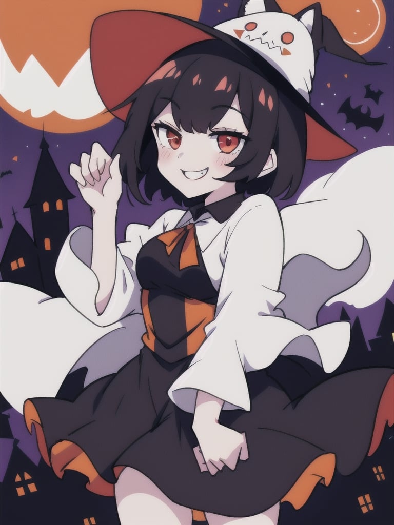 1girl,solo,black hair,short hair,deep red eyes, kemonomimi,pale skin,ghost costume,white sleeves past wrists,evil smile, crazy smile,night,Halloween