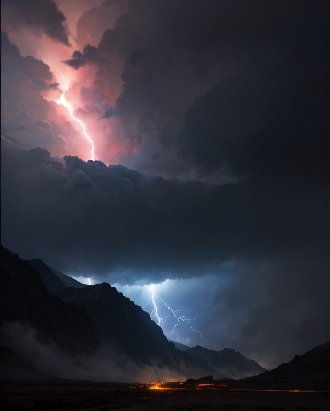 Thunder and lightning appear along with black clouds on a large mountain, and light radiates the color of amber.A large mountain stands in a vast, wide, dry wilderness. There are clouds on the big mountain, and thunder and lightning flow.The play of light and shadows should evoke a hyperrealistic experience, akin to gazing upon nature's masterpiece,long, BJ_Sacred_beast, outdoors,  sky, cloud, bird, dark cloudy_sky, scenery, fantasy,  cinematic lighting, strong contrast, high level of detail, Best quality, masterpiece,There should be dozens of lightning bolts, lightning thunders,  unleashing a powerful lightning attack, lightning bolts surging throughout cinematic, intricate details, 32K, UHD, HDR, ultra-realism, action background (heavy damage and debris), ultra-detailed, 32k, intricate, cinematic composition, IMAX, stunning image, trending, amazing art, cinematic color grade, dramatic lighting(lightning), ,lghtnngprsn