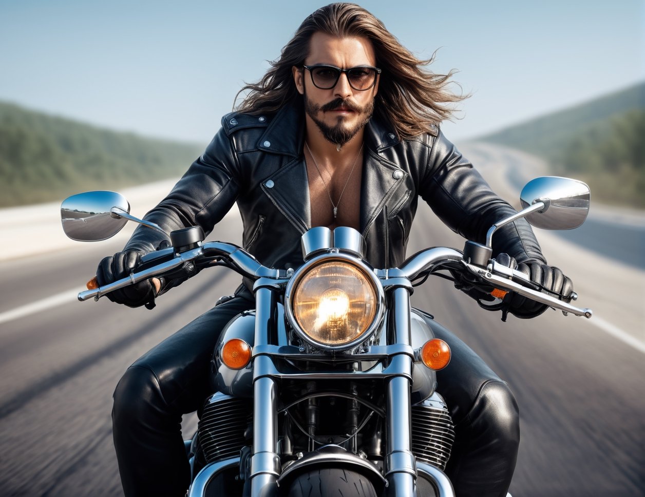 Handsome man in leather and glasses on racing motorcycle on highway, mafia, long hair, bushy mustache and beard, artstation trend, sharp focus, studio photo, intricate details, very detailed, by greg rutkowski
