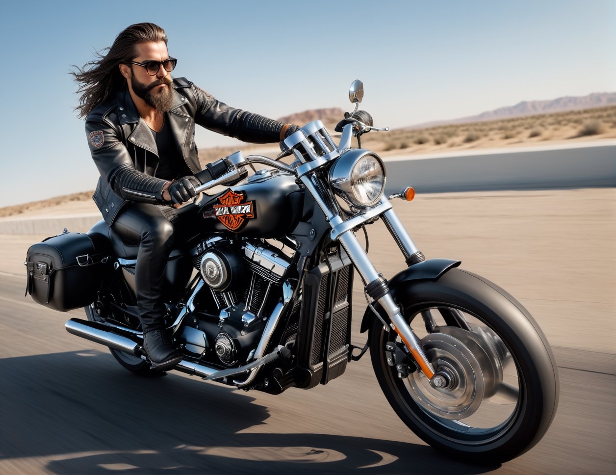 full body, Handsome man in leather and glasses on racing motorcycle on highway, Harley-Davidson,mafia, long hair, bushy mustache and beard, artstation trend, sharp focus, studio photo, intricate details, very detailed, by greg rutkowski, side at view, 
