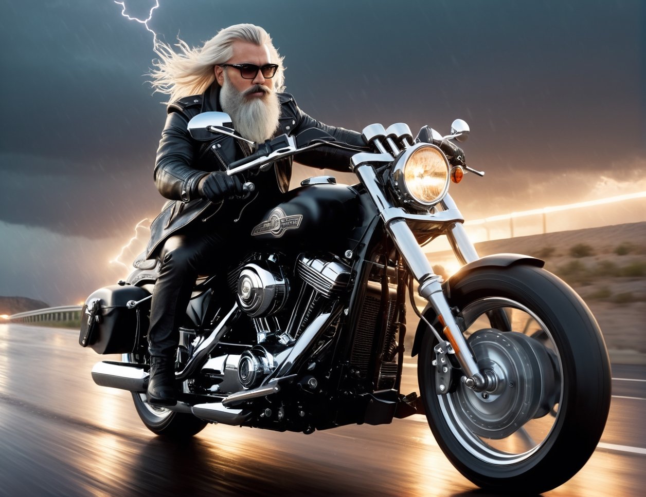 full body, 5 Handsome man in leather and glasses on racing motorcycle on highway, Harley-Davidson, mafia, white long hair, bushy mustache and beard, artstation trend, sharp focus, studio photo, intricate details, very detailed, by greg rutkowski, front at view, sunset, nighttime, night_sky, Lightning, thunder,heavy rain, storm, Keep running in the rain,
