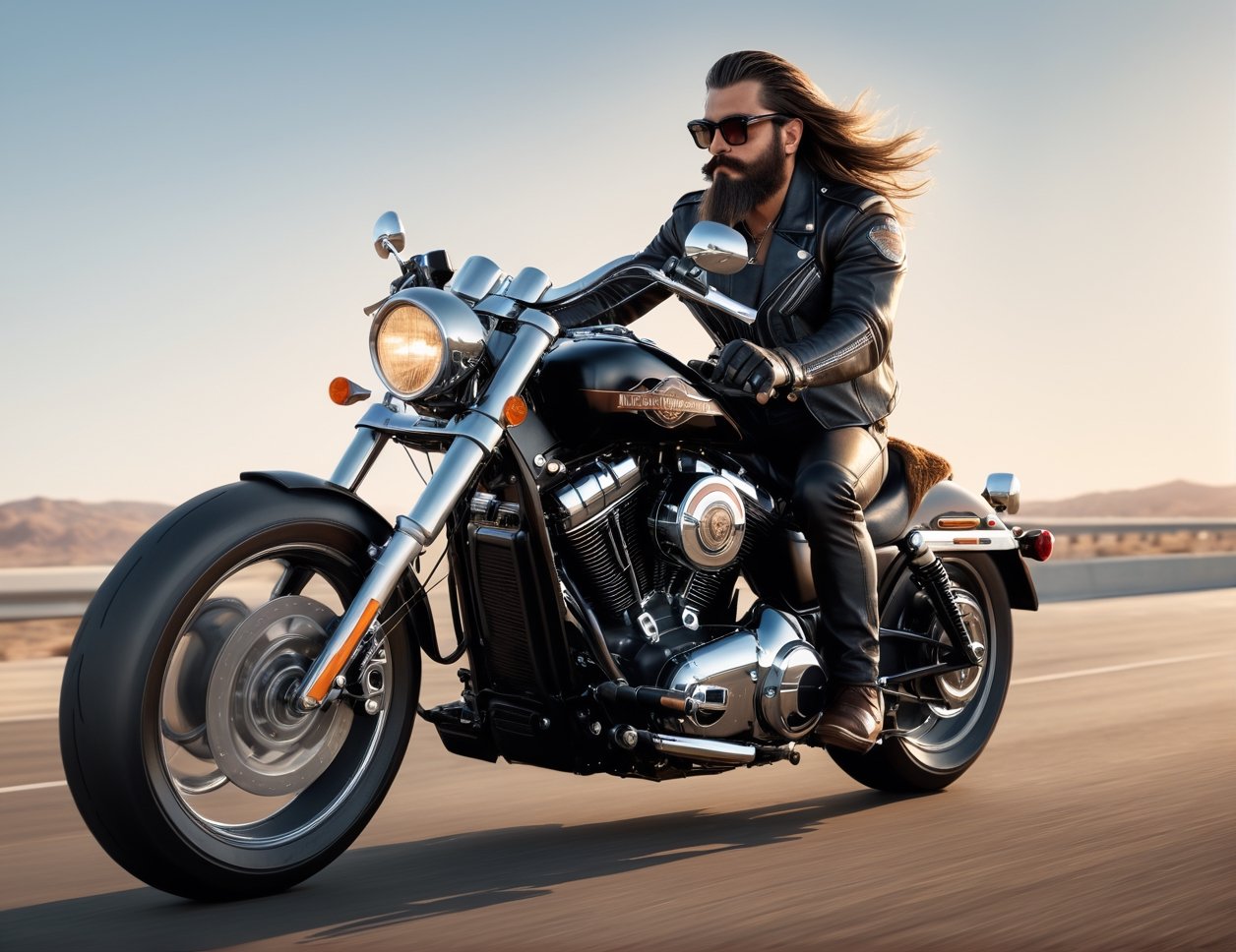 full body, 5 Handsome man in leather and glasses on racing motorcycle on highway, Harley-Davidson,mafia, long hair, bushy mustache and beard, artstation trend, sharp focus, studio photo, intricate details, very detailed, by greg rutkowski, side at view, sunset,
