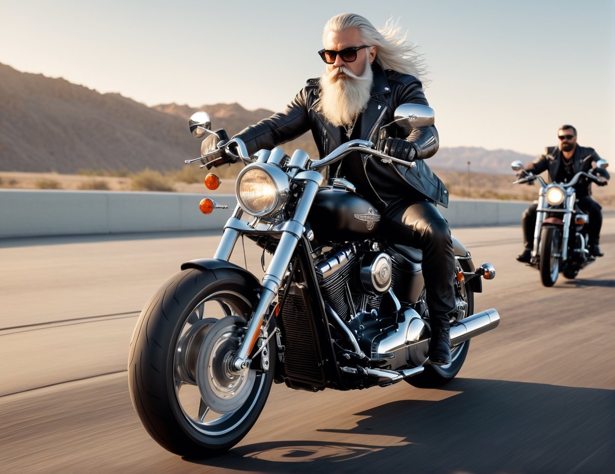 full body, 5 Handsome man in leather and glasses on racing motorcycle on highway, Harley-Davidson,mafia, white long hair, bushy mustache and beard, artstation trend, sharp focus, studio photo, intricate details, very detailed, by greg rutkowski, front at view, sunset,
