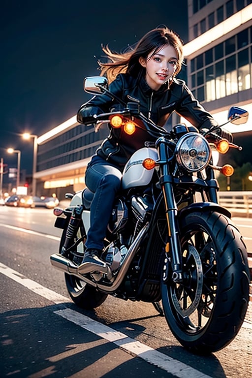 2023 Harley-Davidson® Sportster® S Vivid Black , generates AI art depicting a woman riding fast on the highway on a motorcycle with a 1000-horsepower engine. Make a loud noise on the engine of a motorcycle, run at the speed of light,
  Vibrant colors, the motorcycle does not stop but runs fast.
Create a summer season-themed scene with a sense of excitement. Depicting a woman's hair flowing at maximum speed, wearing sunglasses, being a speed freak, falling in love with speed, depicting a beautiful smile, (((the motorcycle's lights illuminate))). make the wheel invisible, 
front at view,
 side at view, camera far from the girl,