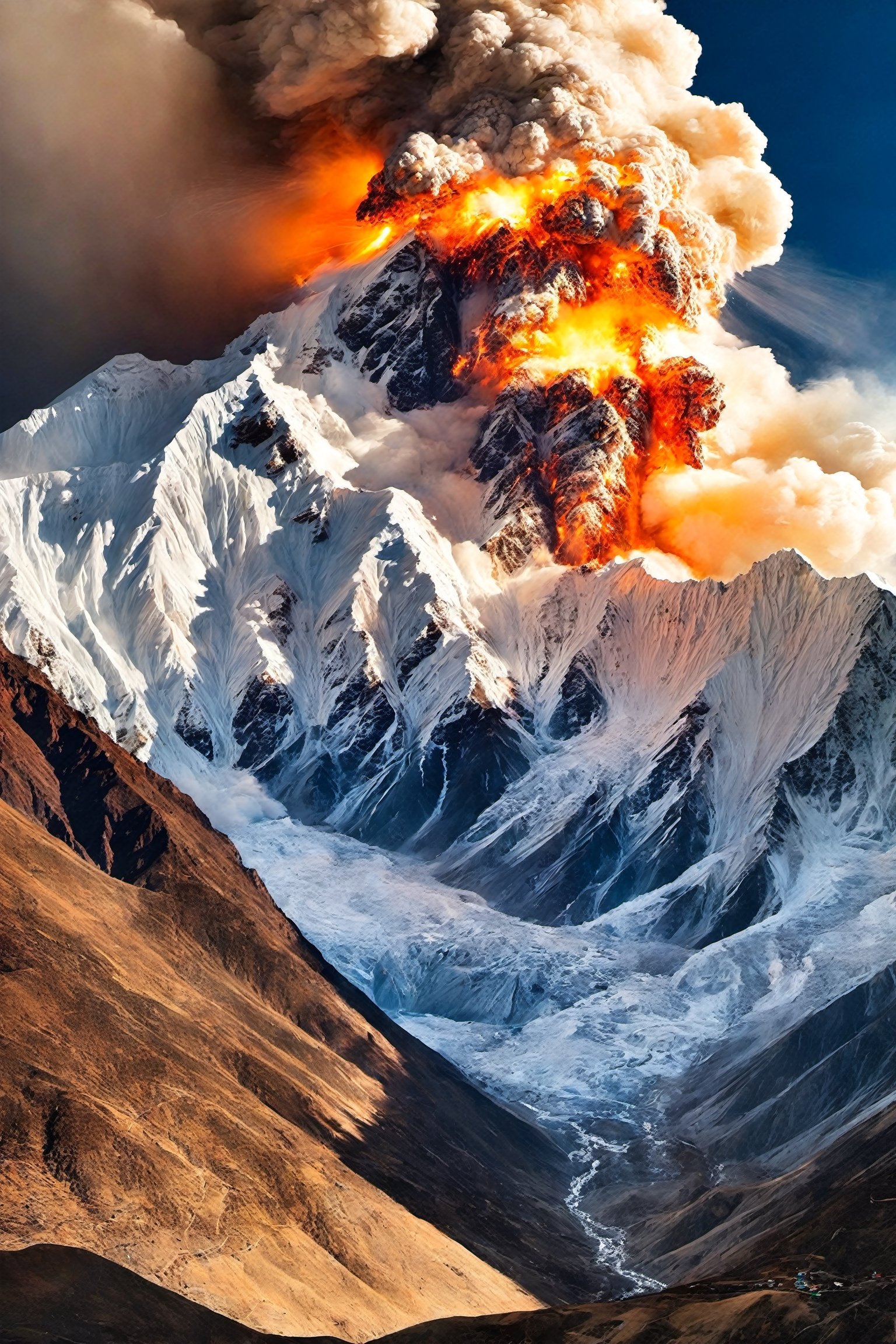 Himalayas, explosion on top of mountain,nature,Explosion Artstyle